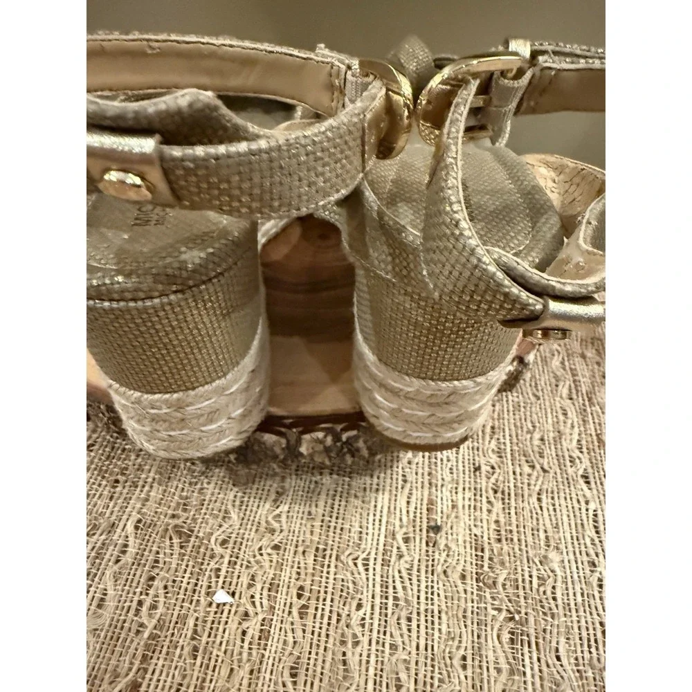 Michael Michael Kors Maxwell Mid Wedge Sandals Gold Ankle Strap Knotted